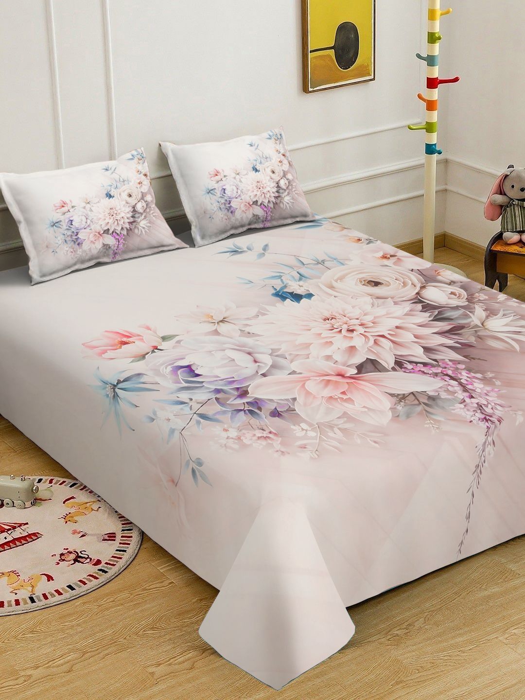 KLOTTHE Cream Colored & Pink Printed King Bedsheet & 2 Pillow Covers- 98.42 Inch x 89 Inch-image-46