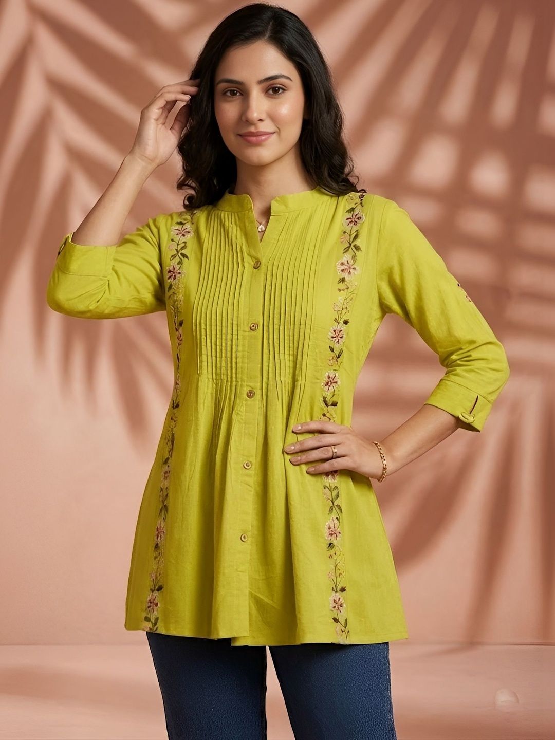 Lime Green Floral Embroidered High Neck Top-image-4