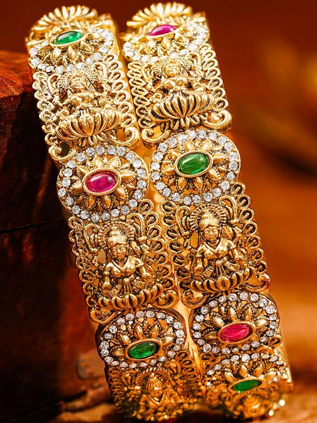 Rubans Set of 2 18 K Gold-Plated Temple Zircon Studded Bangles-picture-35