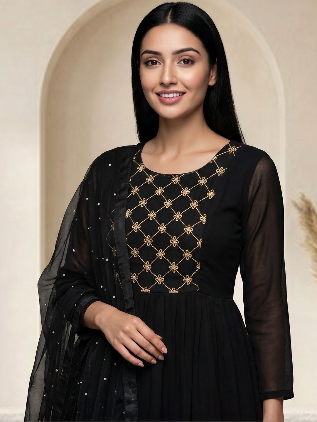 BLACK PATTI Embroidered Round Neck Fit & Flare Anarkali Ethnic Dress With Dupatta-picture-53
