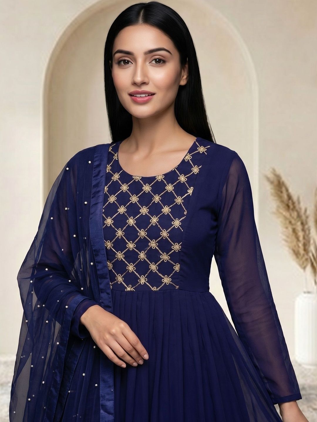 BLACK PATTI Embroidered Round Neck Fit & Flare Anarkali Ethnic Dress With Dupatta-image-34