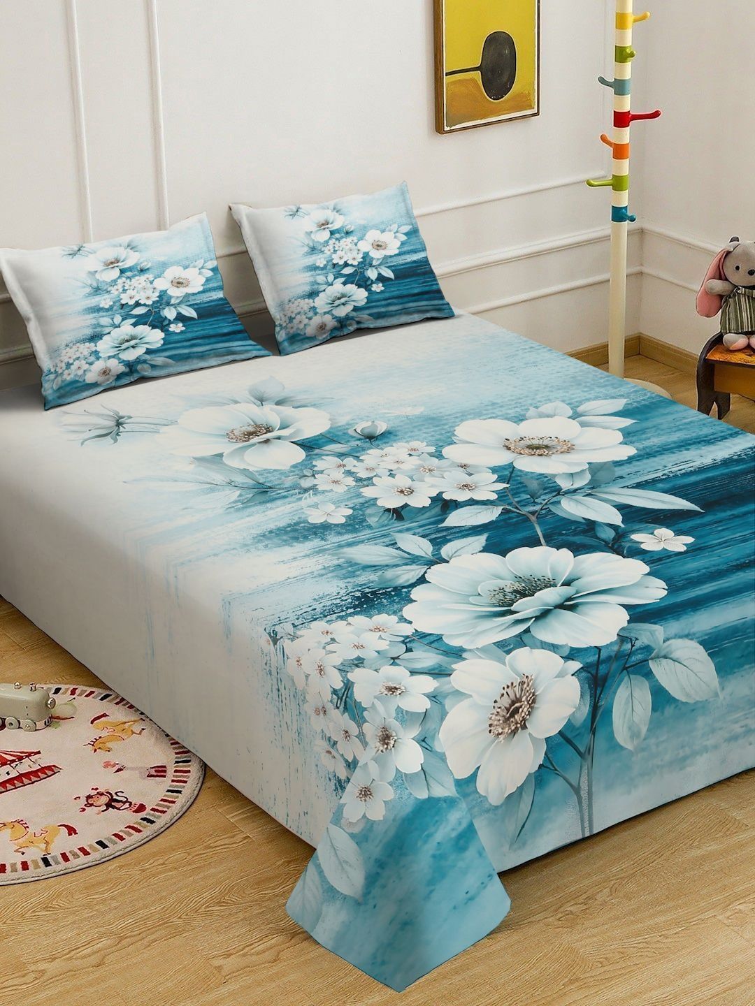 KLOTTHE Blue Printed King Bedsheet & 2 Pillow Covers- 98.42 Inch x 89 Inch-image-46