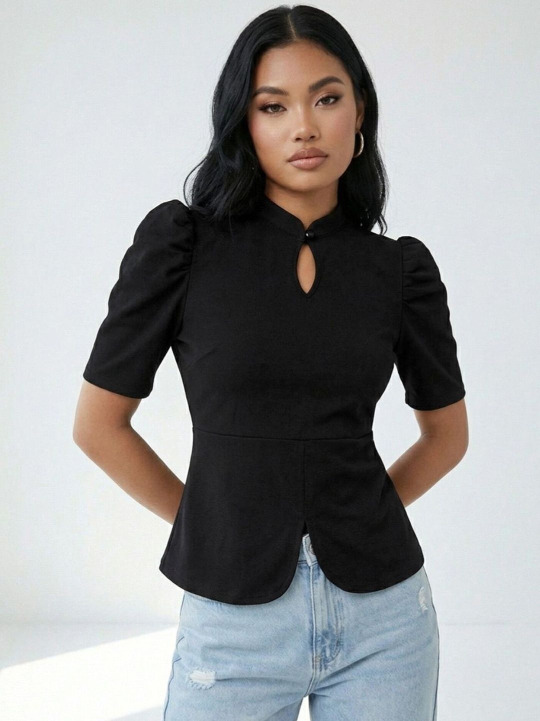 glitchez Black High Neck Puff Sleeve Top-picture-34