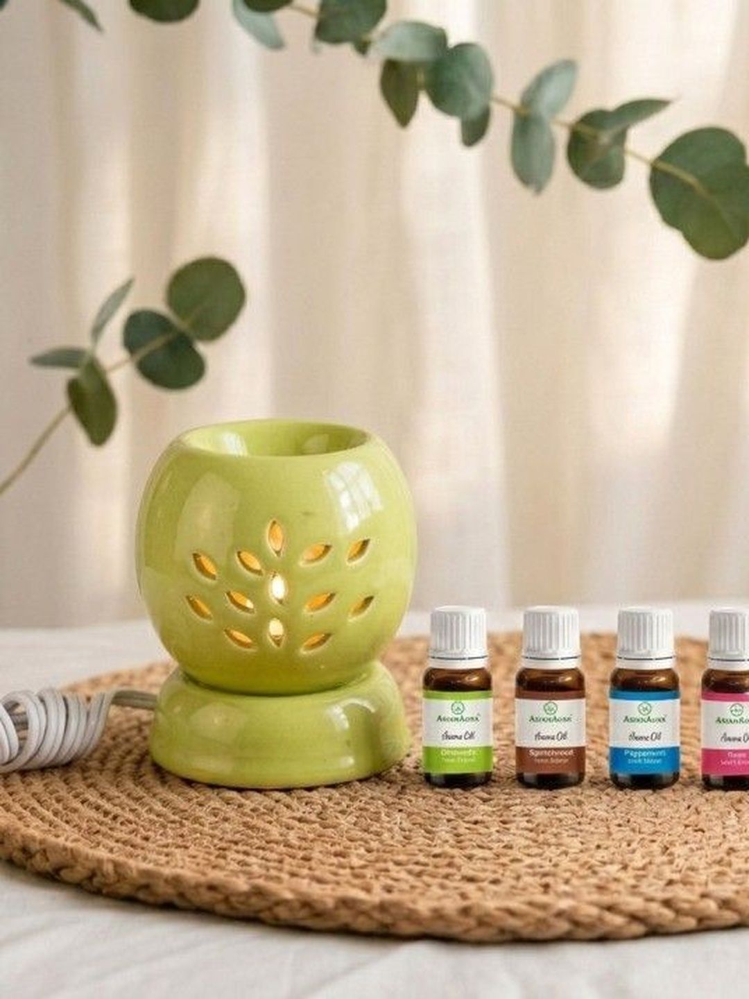 INTERNATIONAL GIFT Green Texture Ceramic T-Lite Burner Diffuser & Scented Aroma Oils-image-33