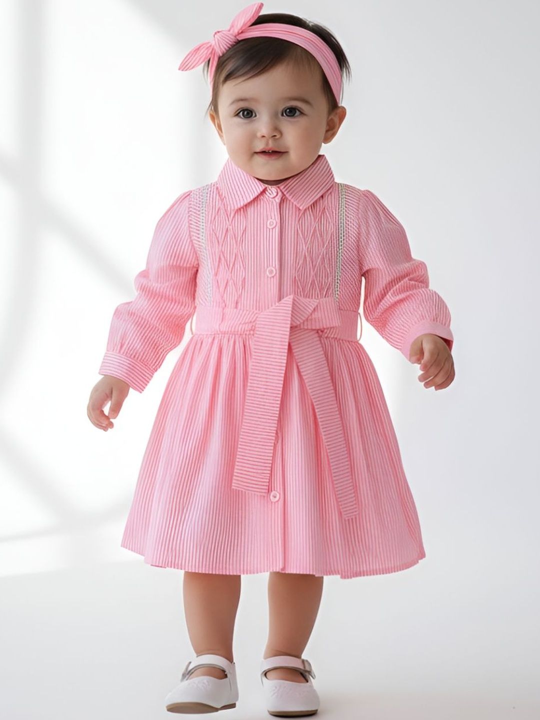 Bella Moda Girls Cotton Self Design Peter Pan Collar Shirt Dress-image-7