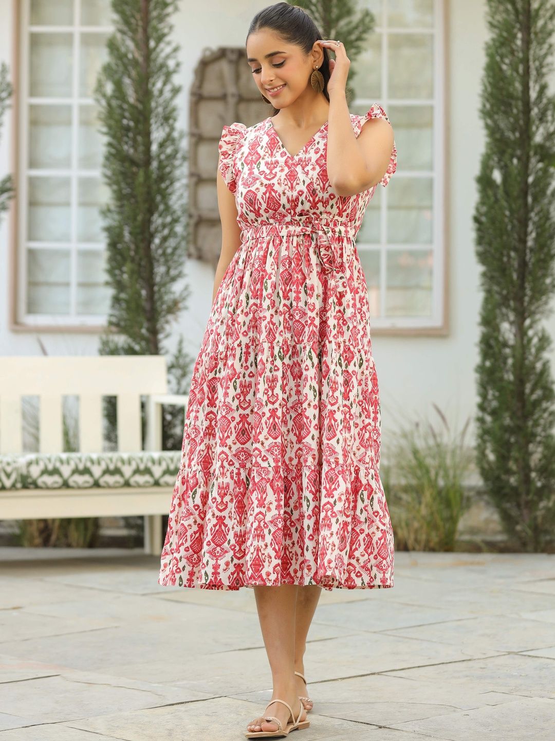 Rain & Rainbow Printed V-Neck Fit and Flare Ethnic Dresses-picture-3
