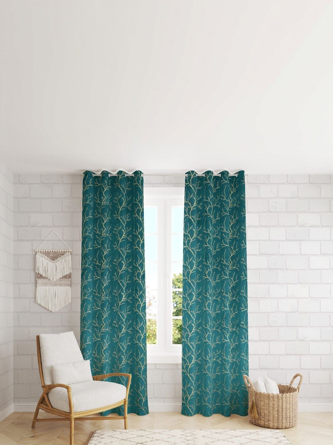 Vervique Blue Printed Velvet Set Of 2 Room Darkening Eyelet Door Curtains-image-20