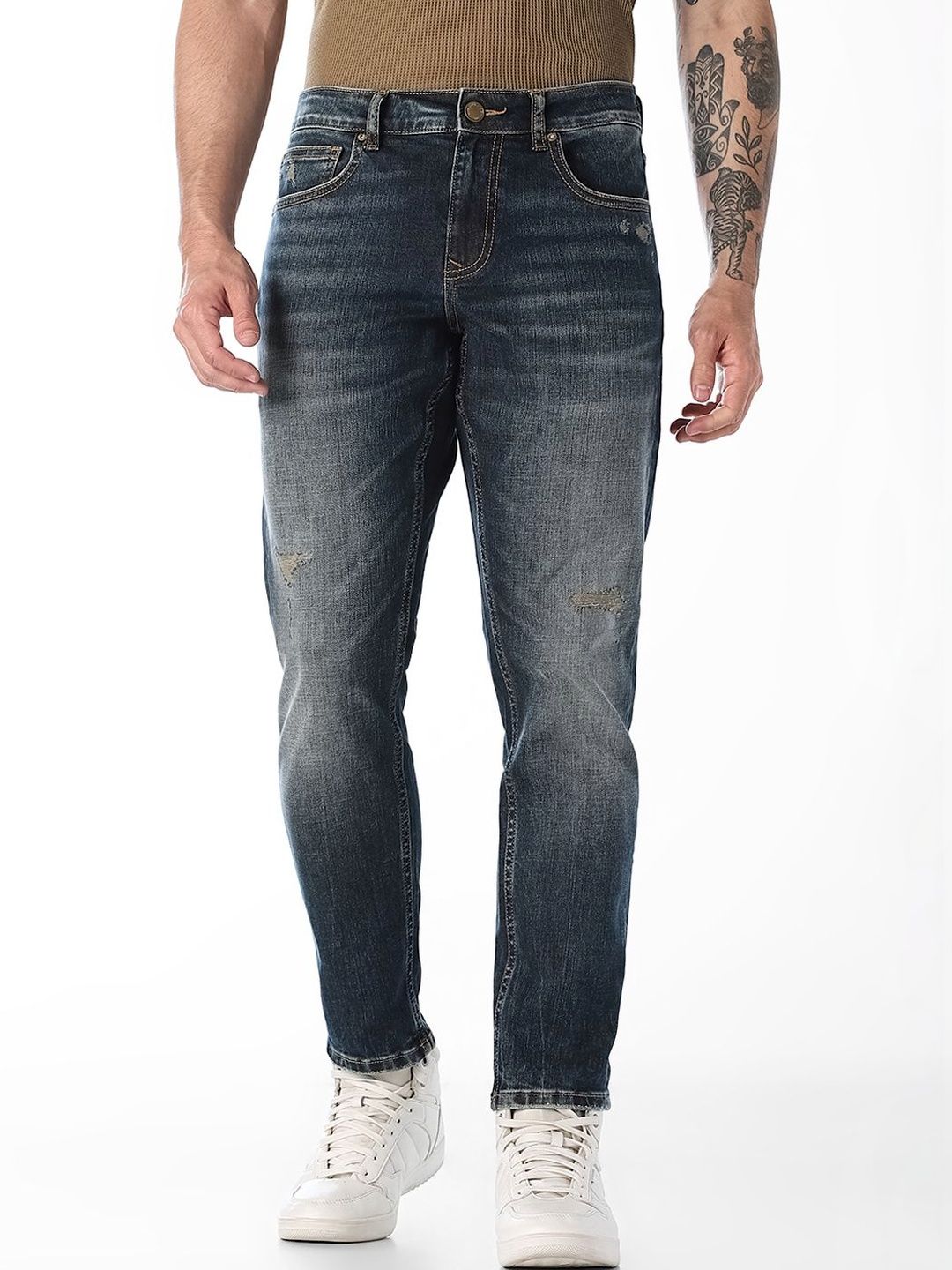 Jack & Jones Men Slim Fit Mid-Rise Mildly Distressed Light Fade Stretchable Jeans-picture-12