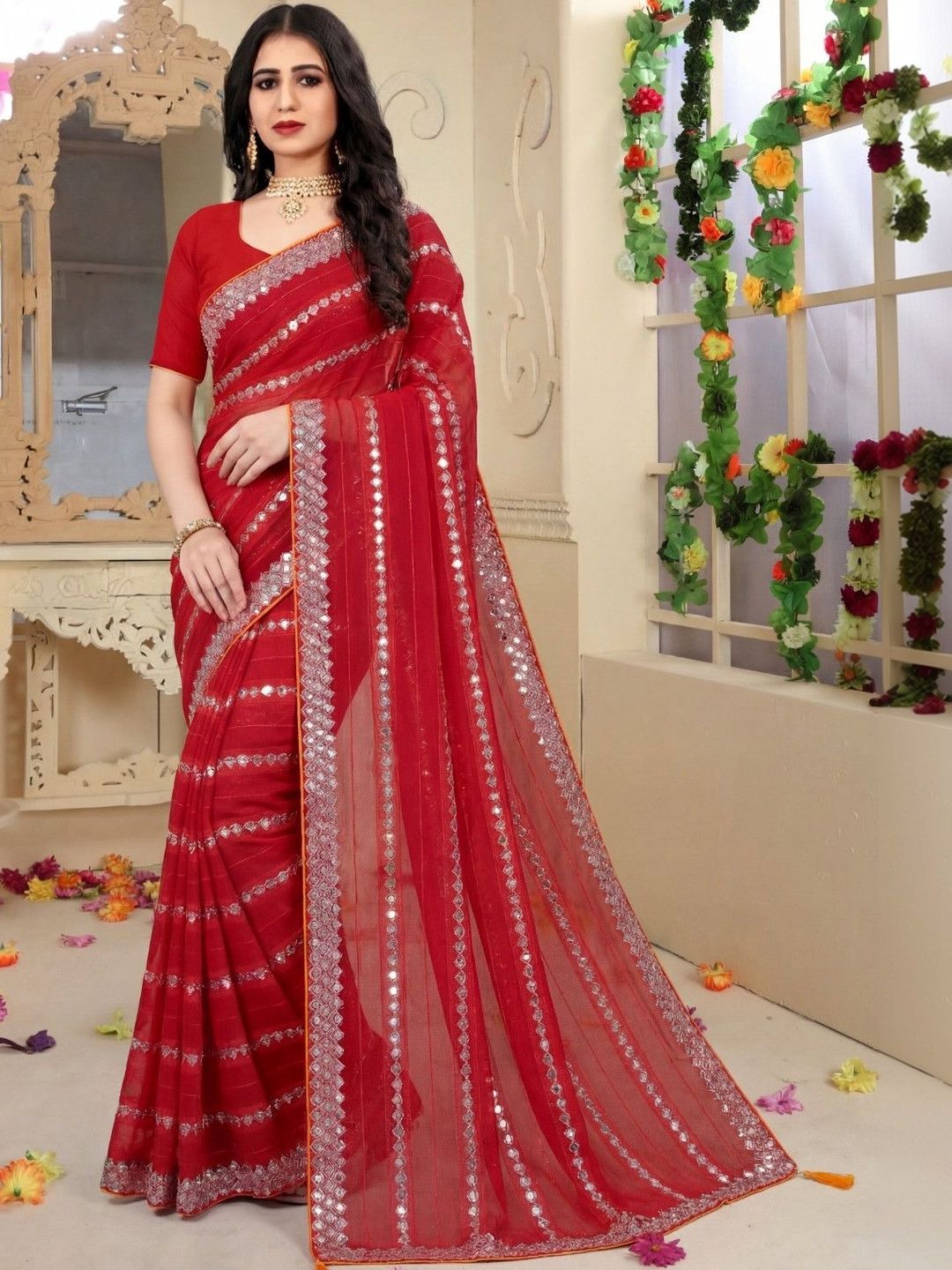 SHIVCHKRA Embellished Mirror Work Pure Georgette Heavy Work Saree-picture-56