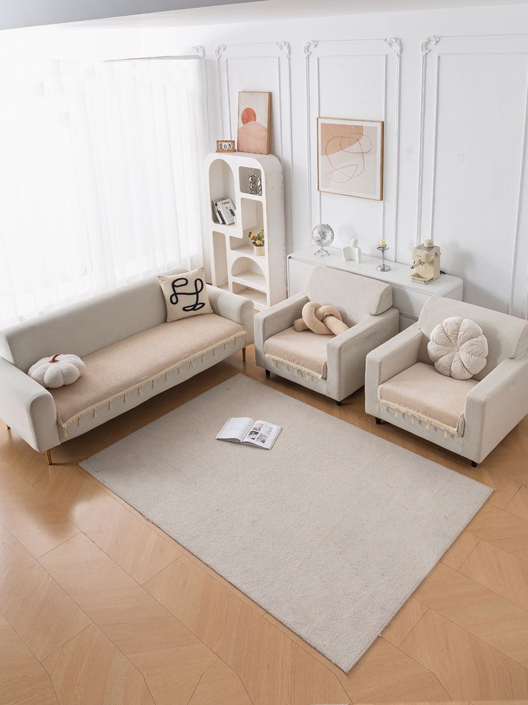 HOKIPO Beige & Beige Solid 3 Piece Sofa Cover Without Arms-image-24