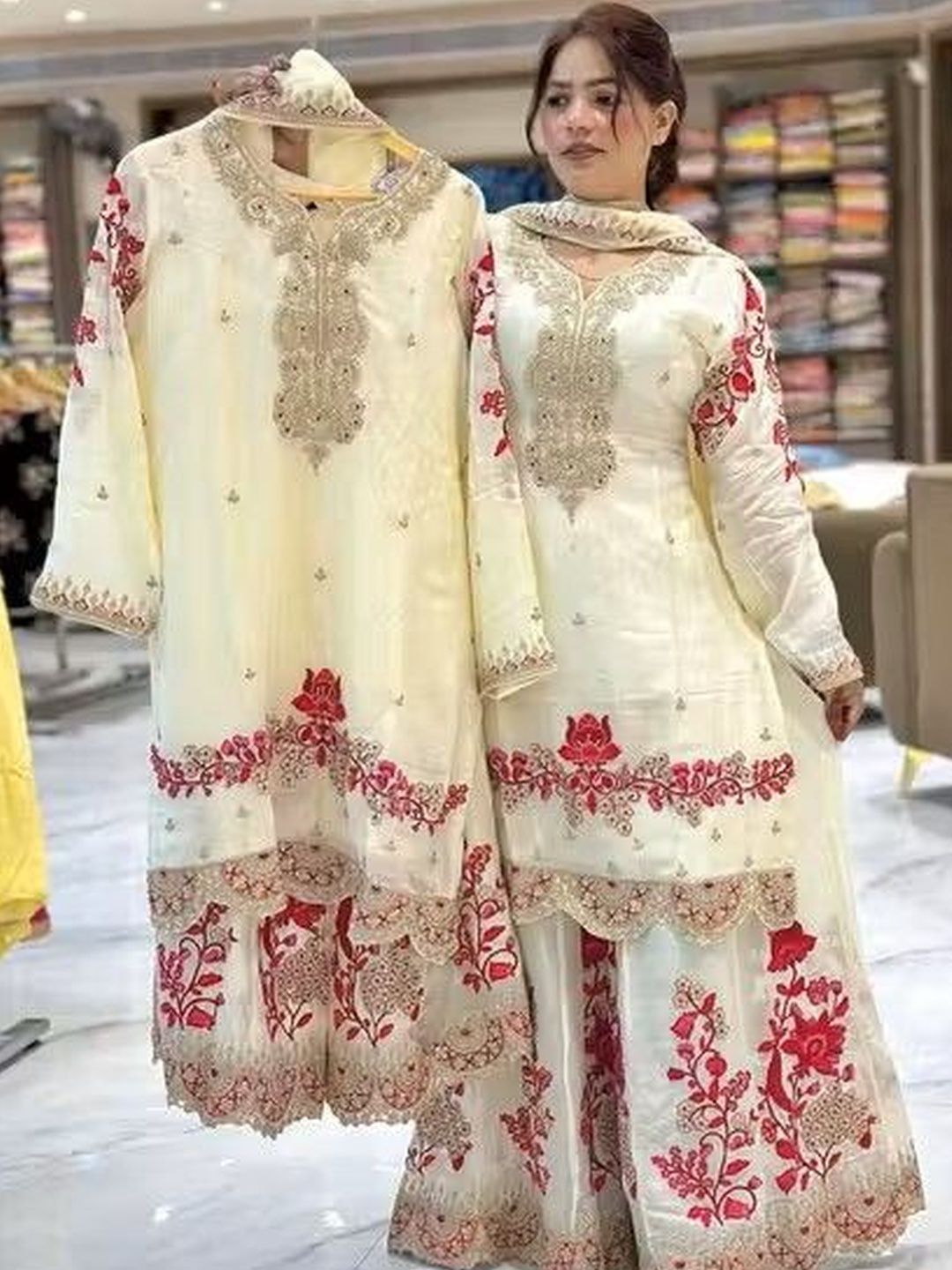 VIRJAT Women Ethnic Motifs Embroidered Regular Thread Work Kurta with Sharara & With Dupatta-picture-11