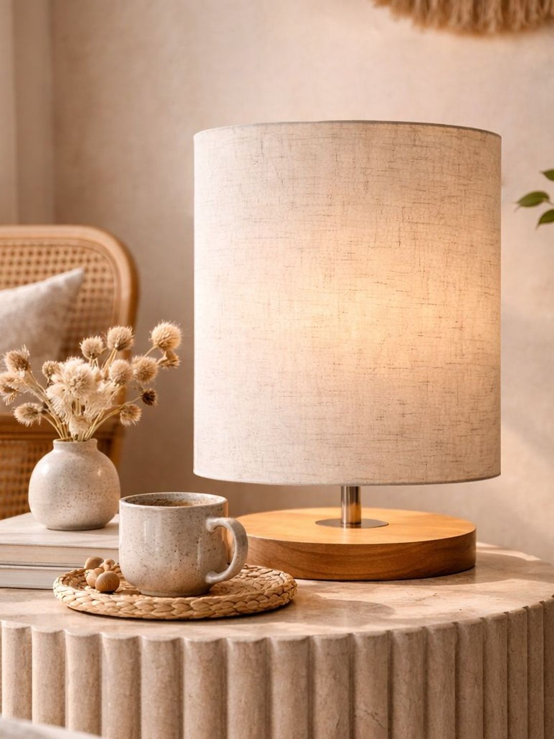Glowhere Off White Textured Wood Contemporary Cylindrical Shaped Table Lamp-image-17