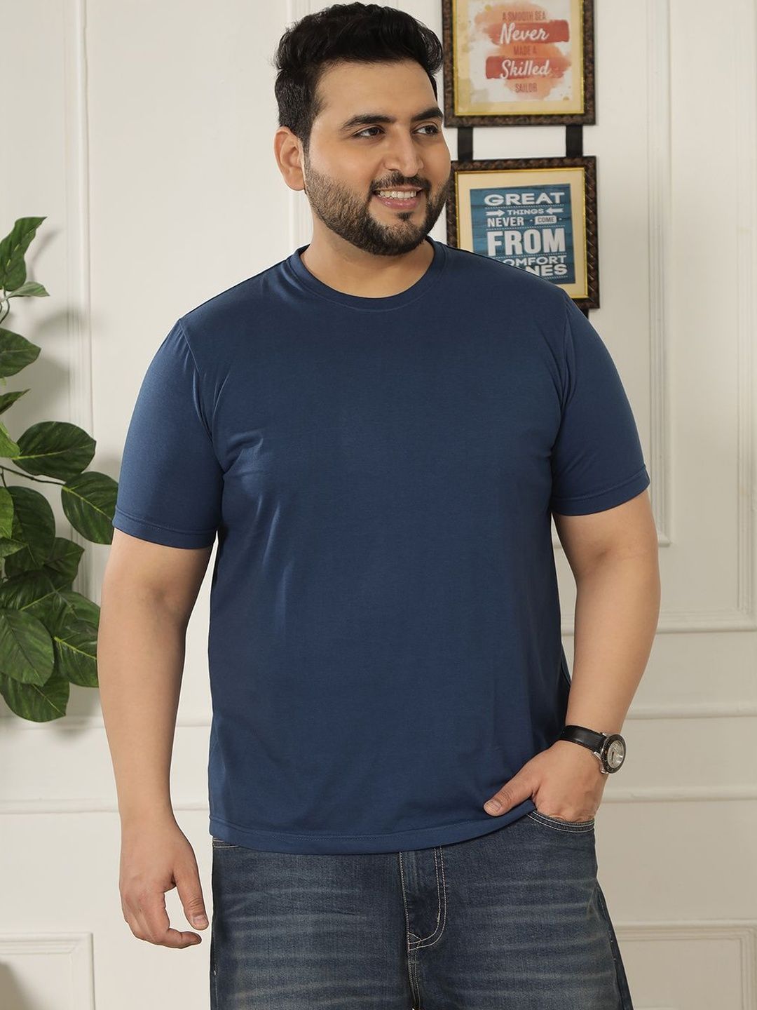 John Pride Men Plus Size Regular Fit Solid Short Sleeves Blue Round Neck T-Shirt-picture-22