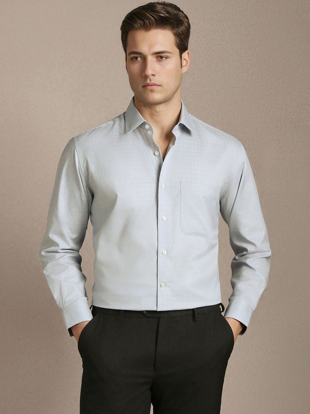 Luxure by Louis Philippe Men Textured Spread Collar Cotton Silk Shirt-picture-39