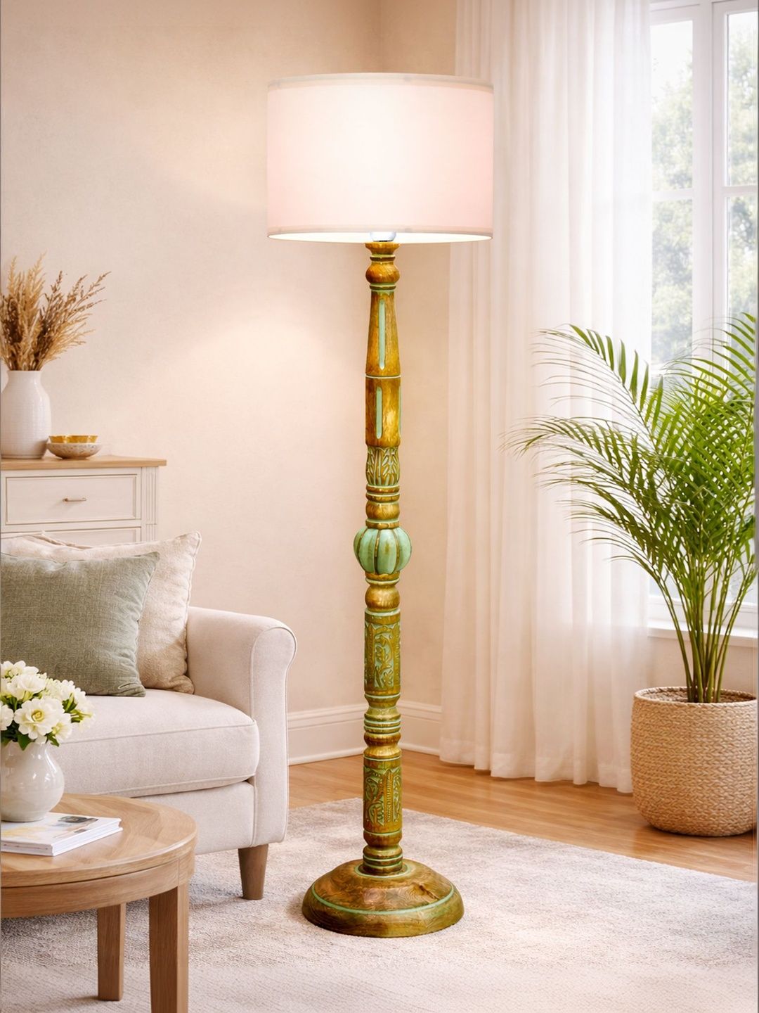 Glowhere Off-White & Beige Wooden Floor Lamp With Shade-image-36