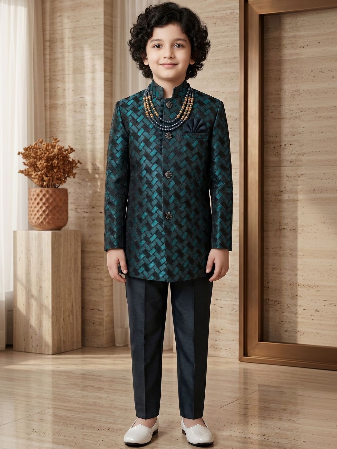 ahhaaaa Boys Printed Mandarin Collar Sherwani-picture-54