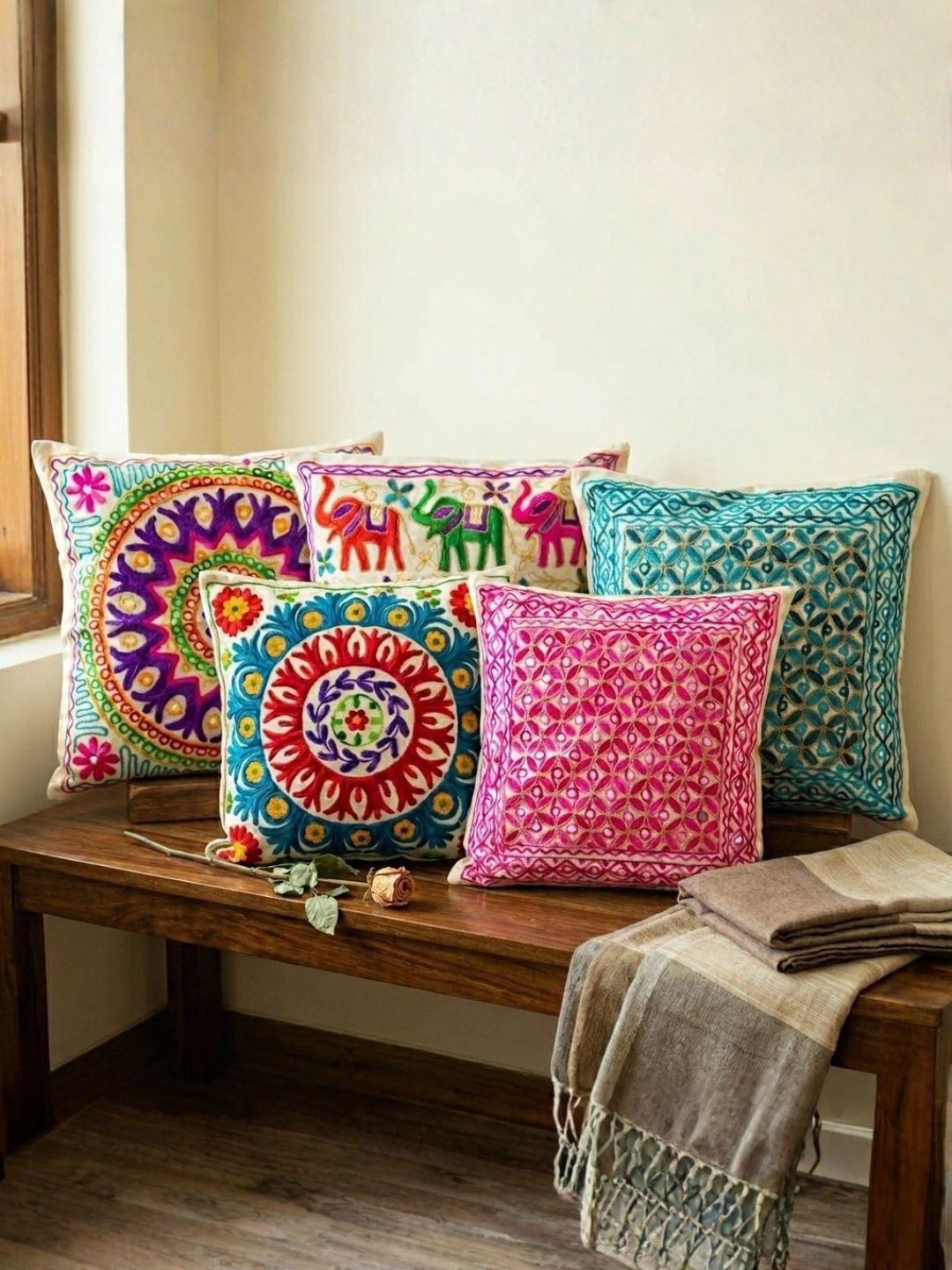 Atrangi Studio Multicoloured & Blue Set of 5 Geometric Square Cushion Covers-picture-14