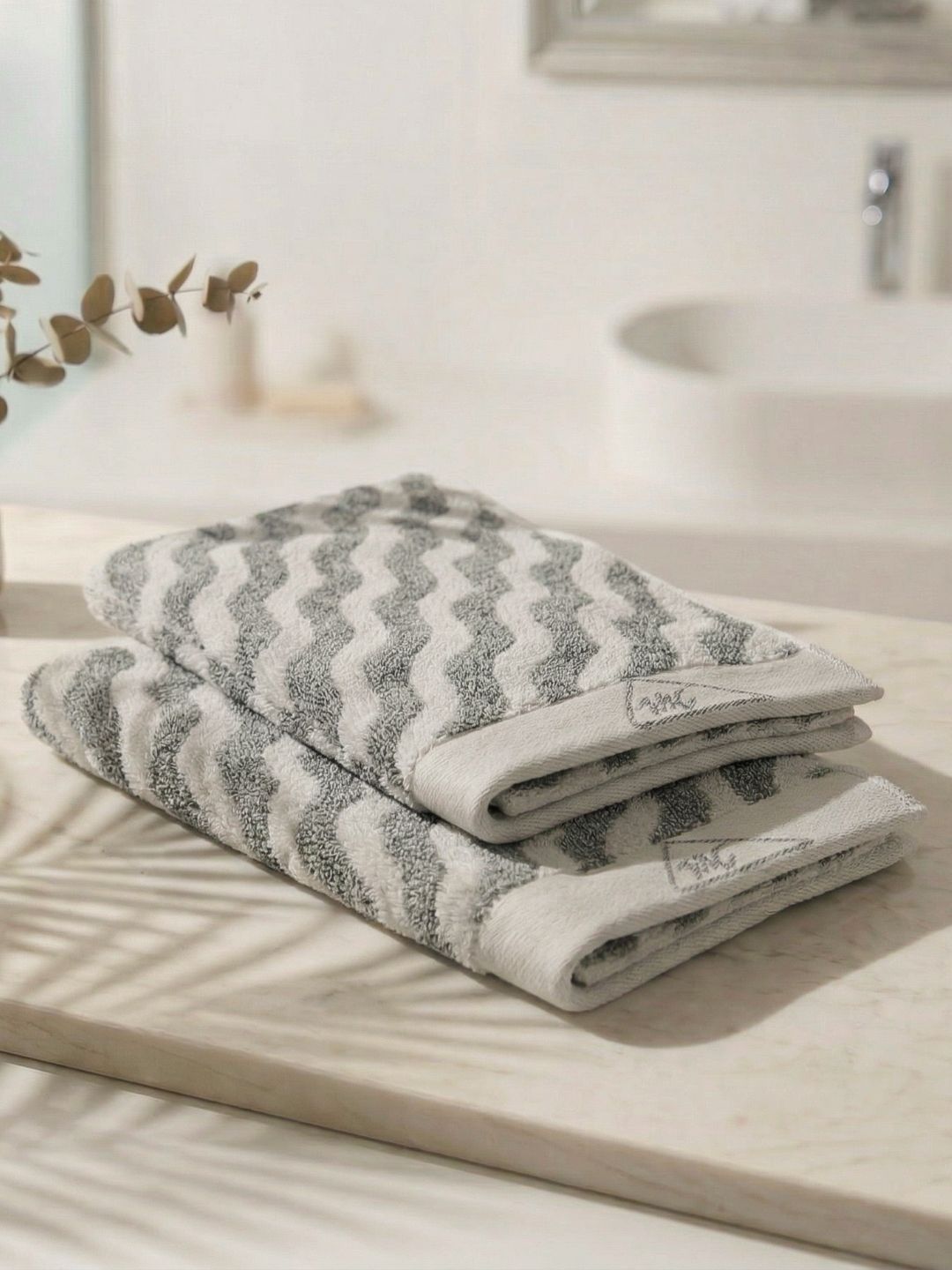 Monte Carlo 2-Pcs Grey & White Textured Pure Cotton 500 GSM Hand Towels-picture-30