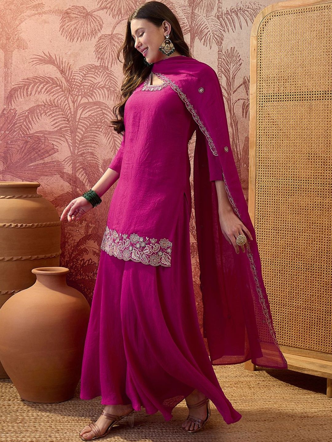Sangria Embroidered V-Neck Kurta & Palazzos With Dupatta-picture-34