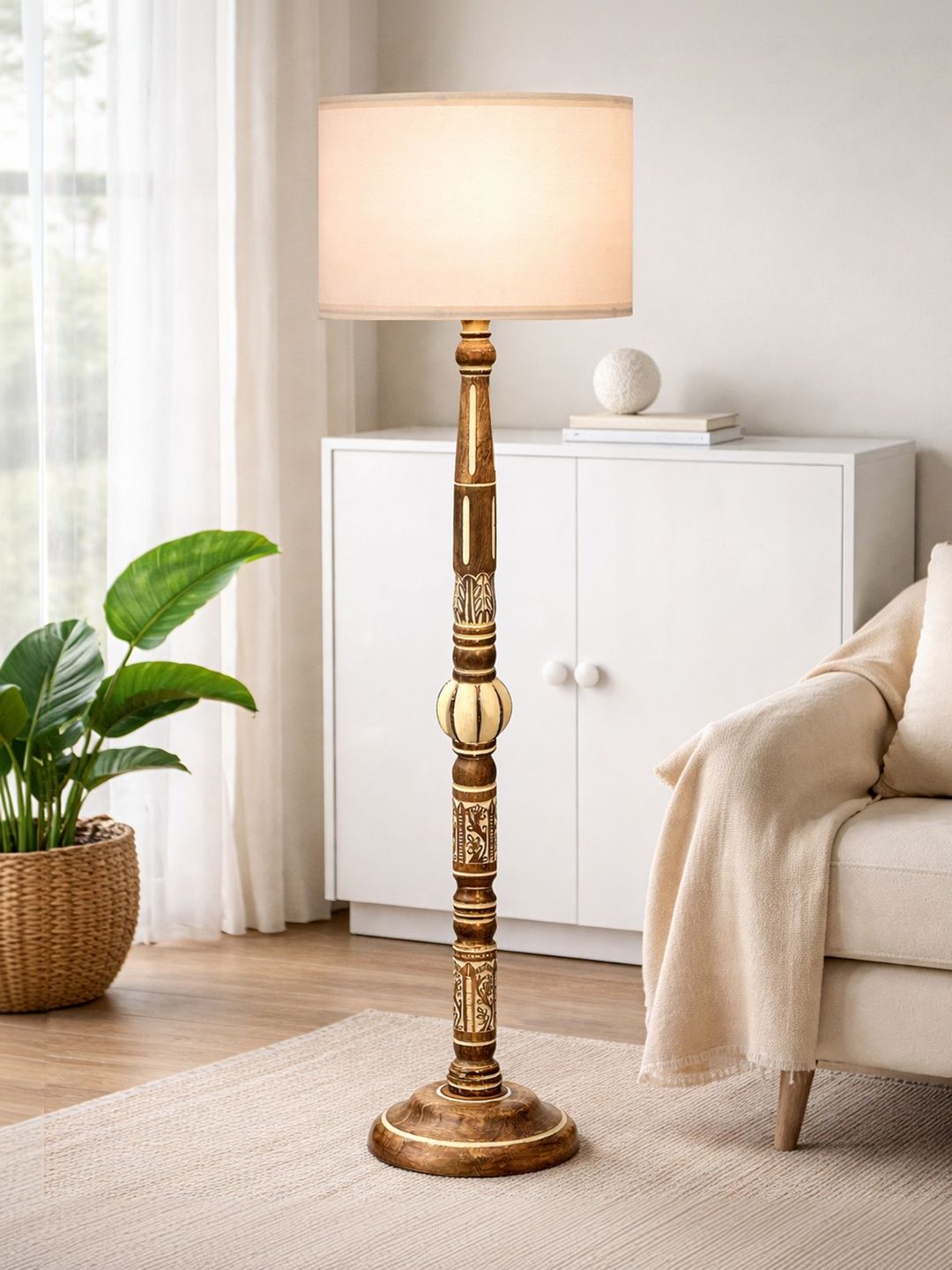 Glowhere Off-White & Beige Wooden Floor Lamp With Shade-image-37