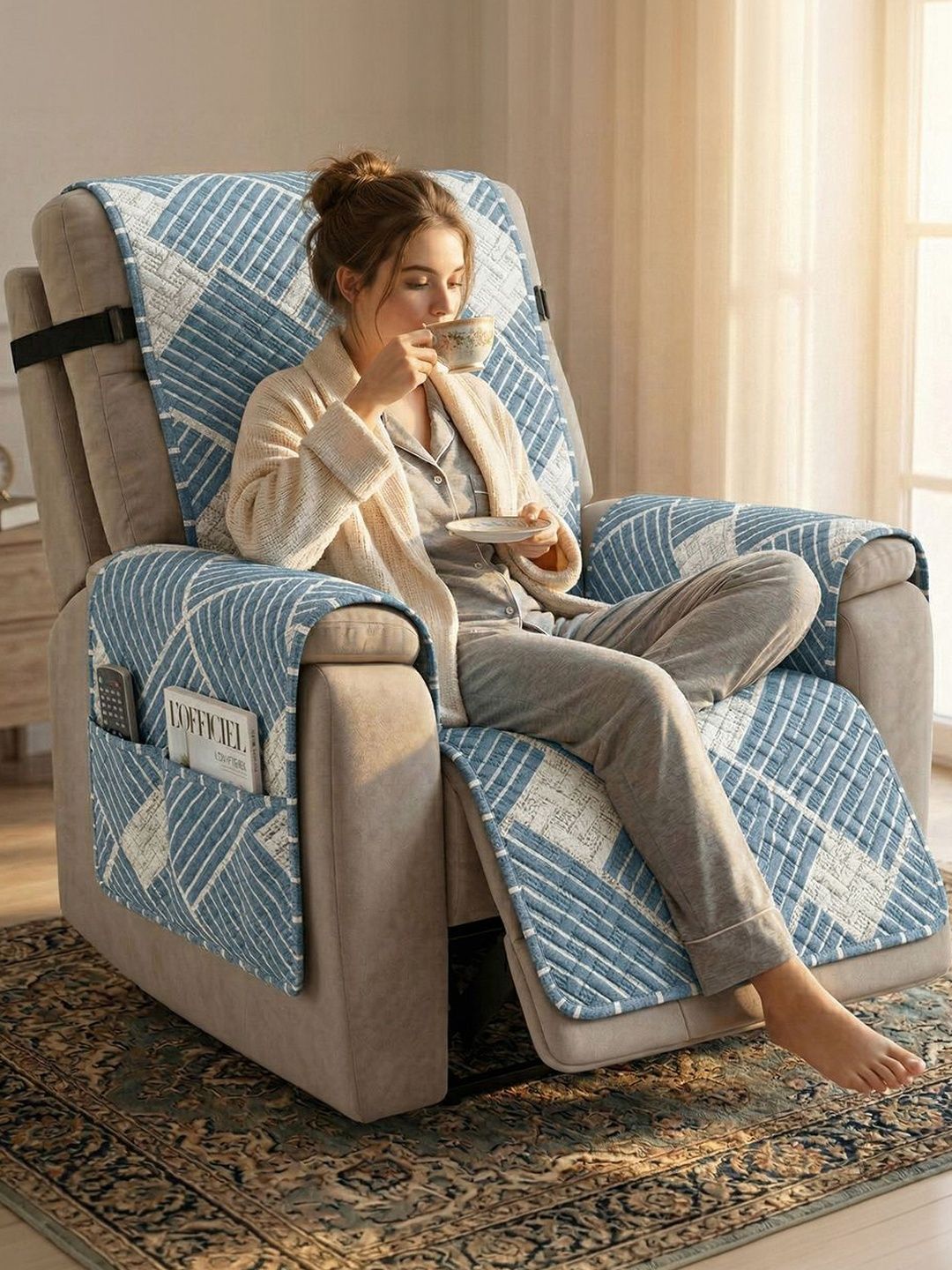Story@home Grey & Blue Printed Microfibre Blend 1 Piece Sofa Cover With Arms-picture-32