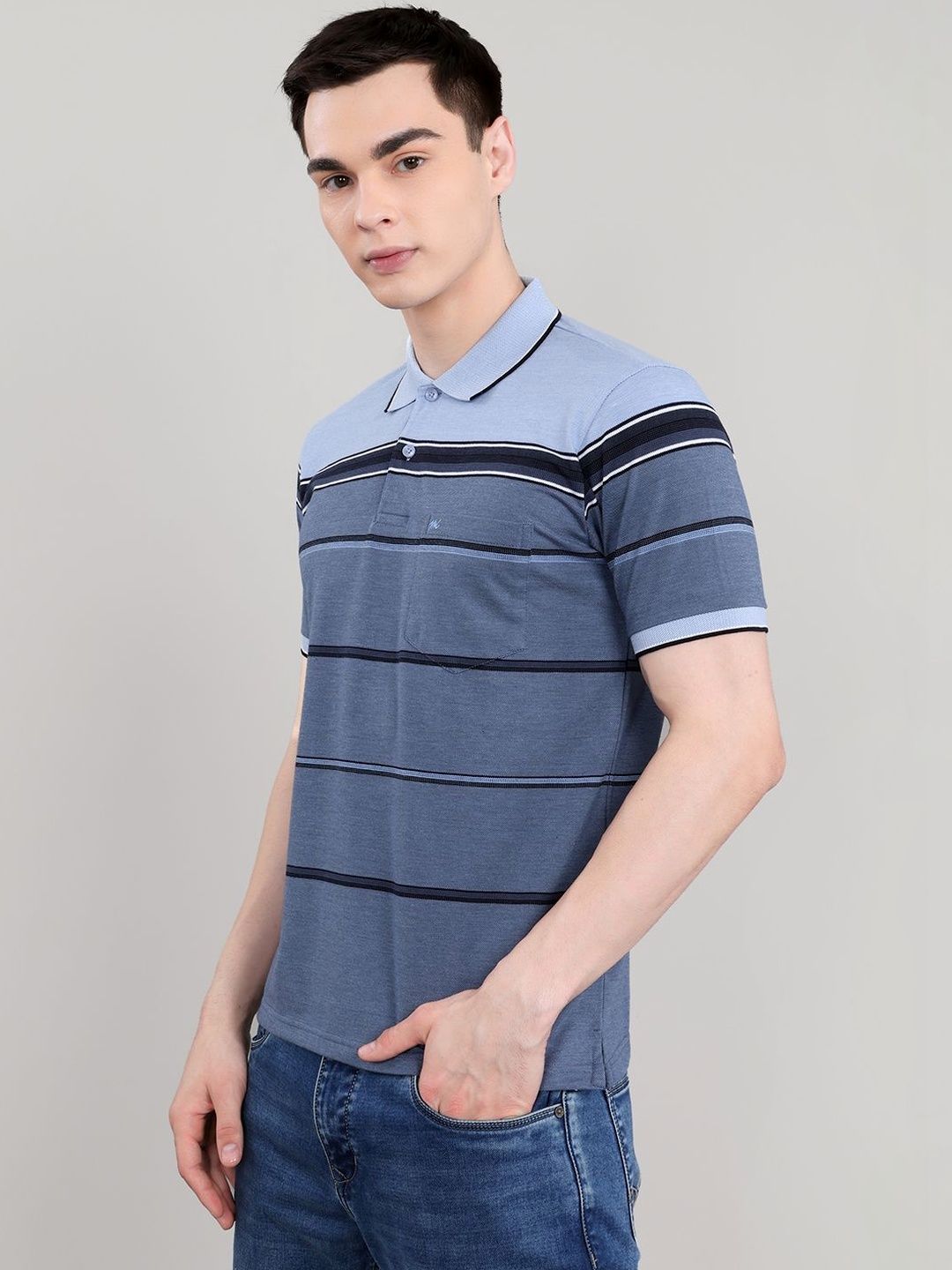 Monte Carlo Men Striped Polo Collar Pockets T-shirt-picture-35