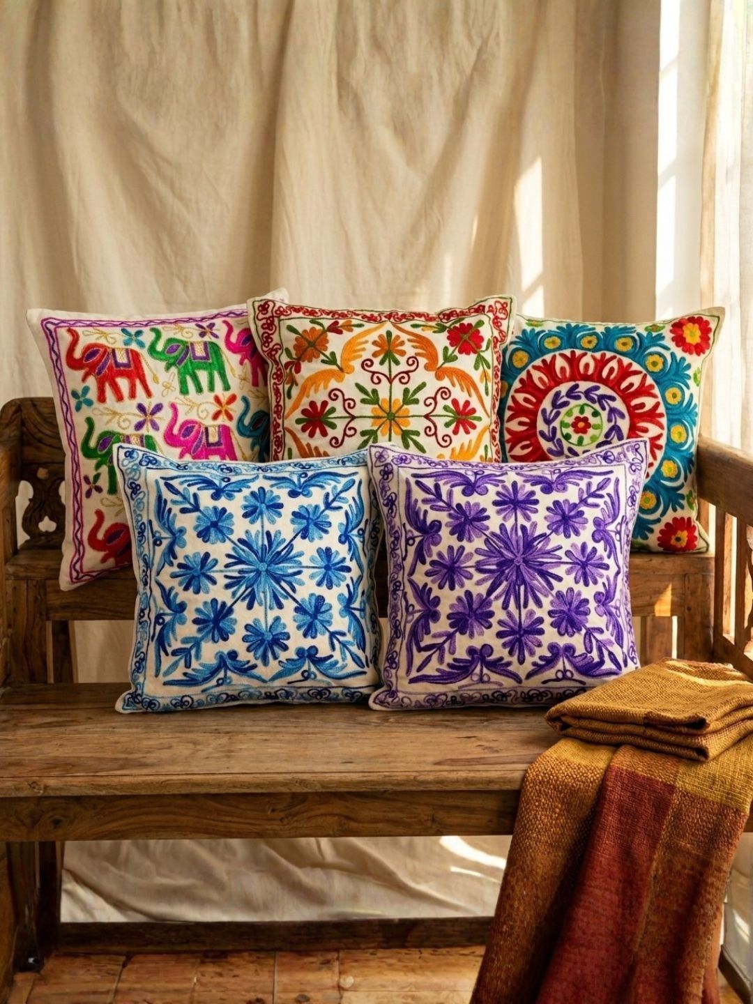 Atrangi Studio Multicoloured & Red Set of 5 Floral Square Cushion Covers-picture-18