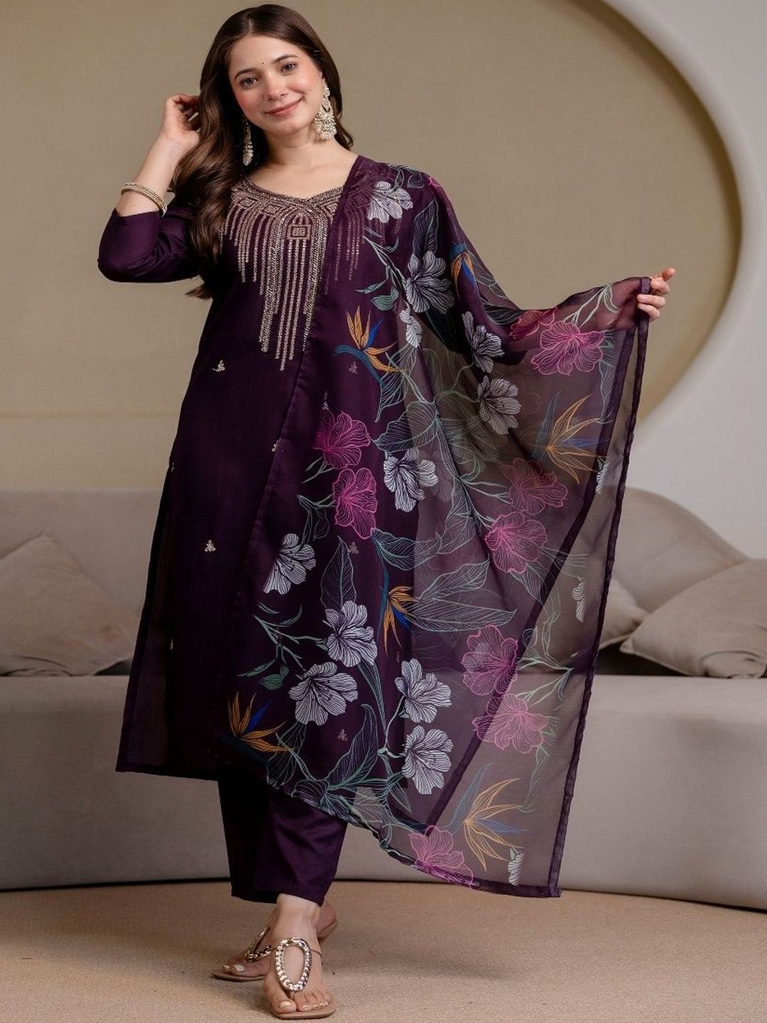 KALINI Women Ethnic Motifs Embroidered Regular Thread Work Kurta with Trousers & With Dupatta-picture-36