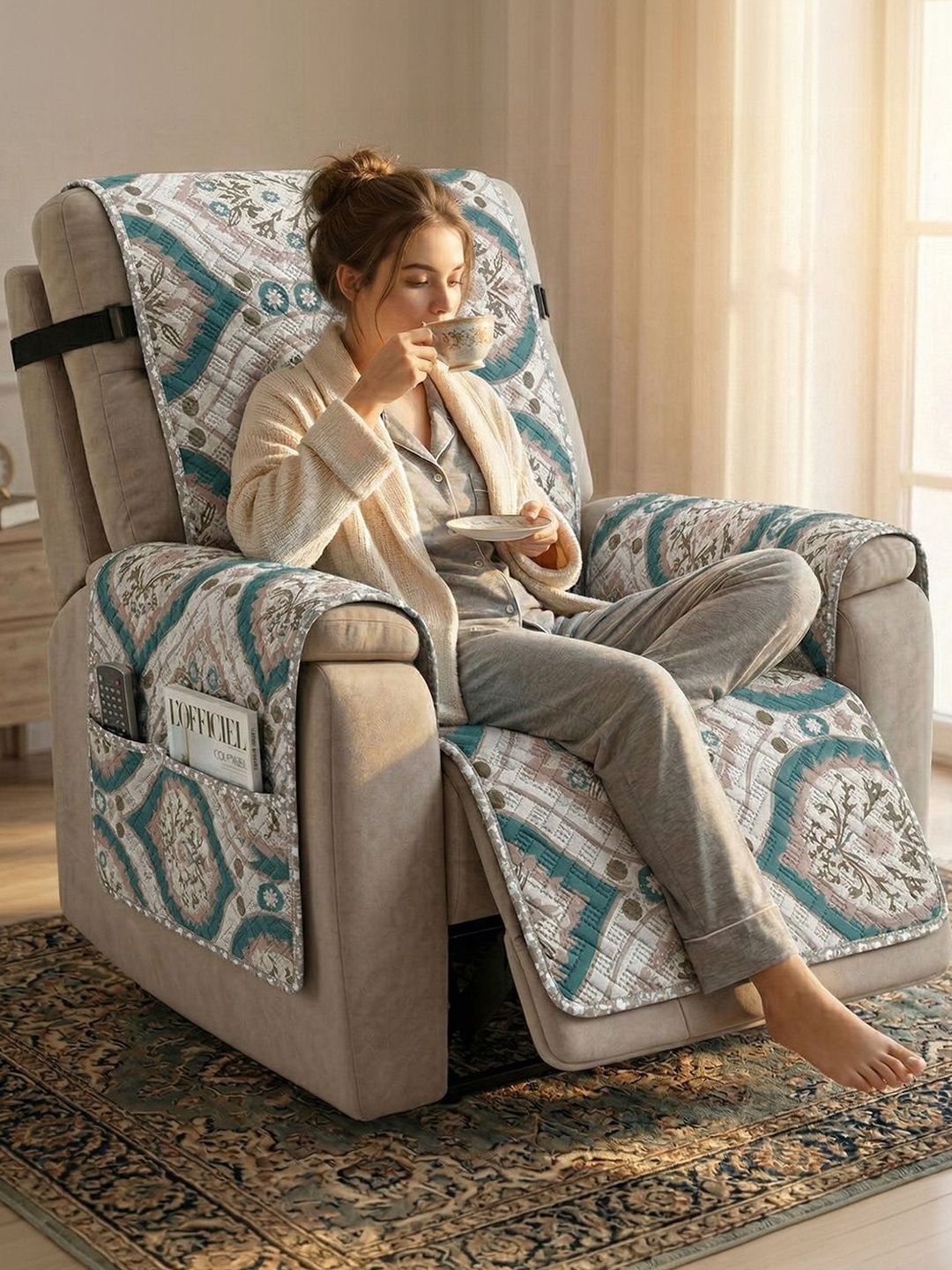 Story@home Cream-Coloured & Multicoloured Printed Microfibre Blend 1 Piece Sofa Cover With Arms-picture-33