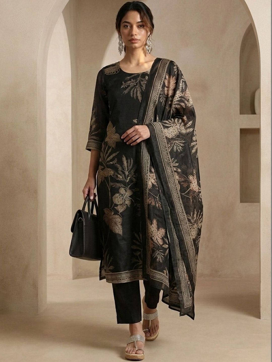 Varanga Women Floral Printed Regular Chanderi Silk Kurta with Trousers & With Dupatta-image-31