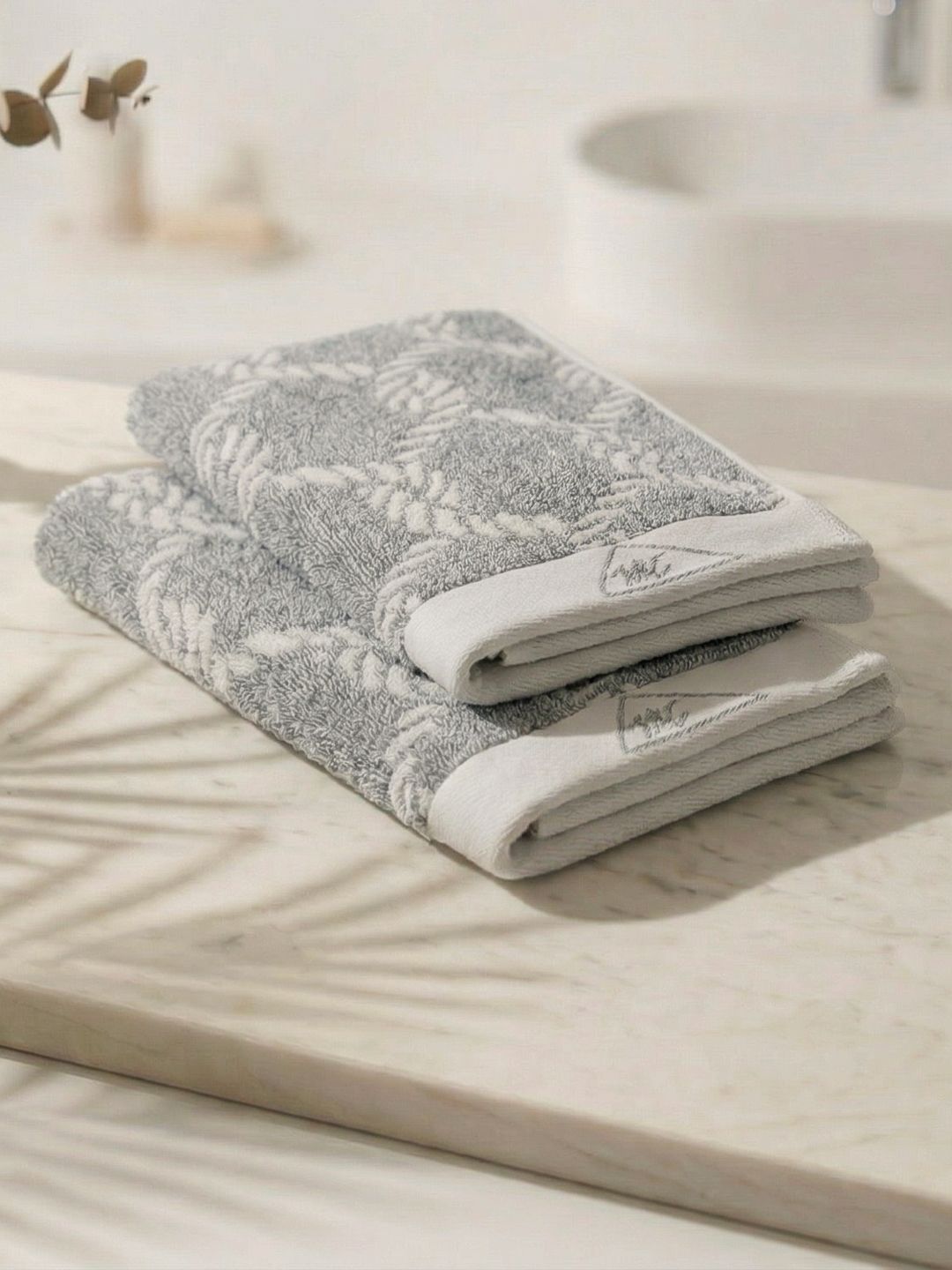 Monte Carlo 2-Pcs Grey & White Textured Pure Cotton 500 GSM Hand Towels-picture-34