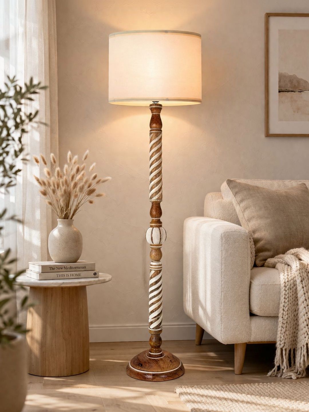 Glowhere Off-White & Beige Wooden Floor Lamp With Shade-image-16