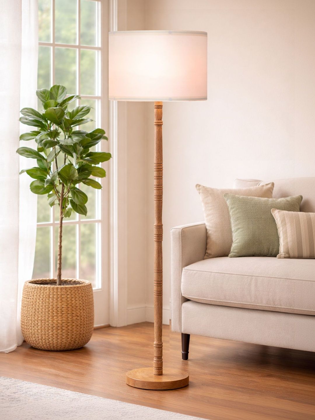 Glowhere Off-White & Beige Wooden Floor Lamp With Shade-image-13