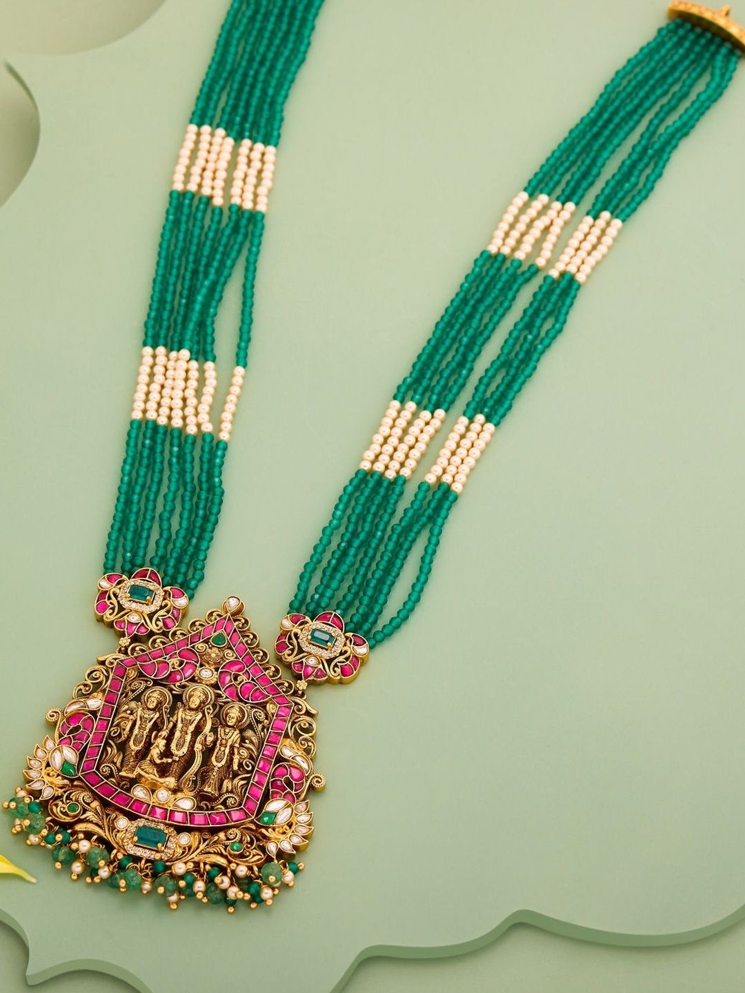 Kushal's Fashion Jewellery Gold-Plated Stones Studded & Beaded Temple Necklace-picture-41