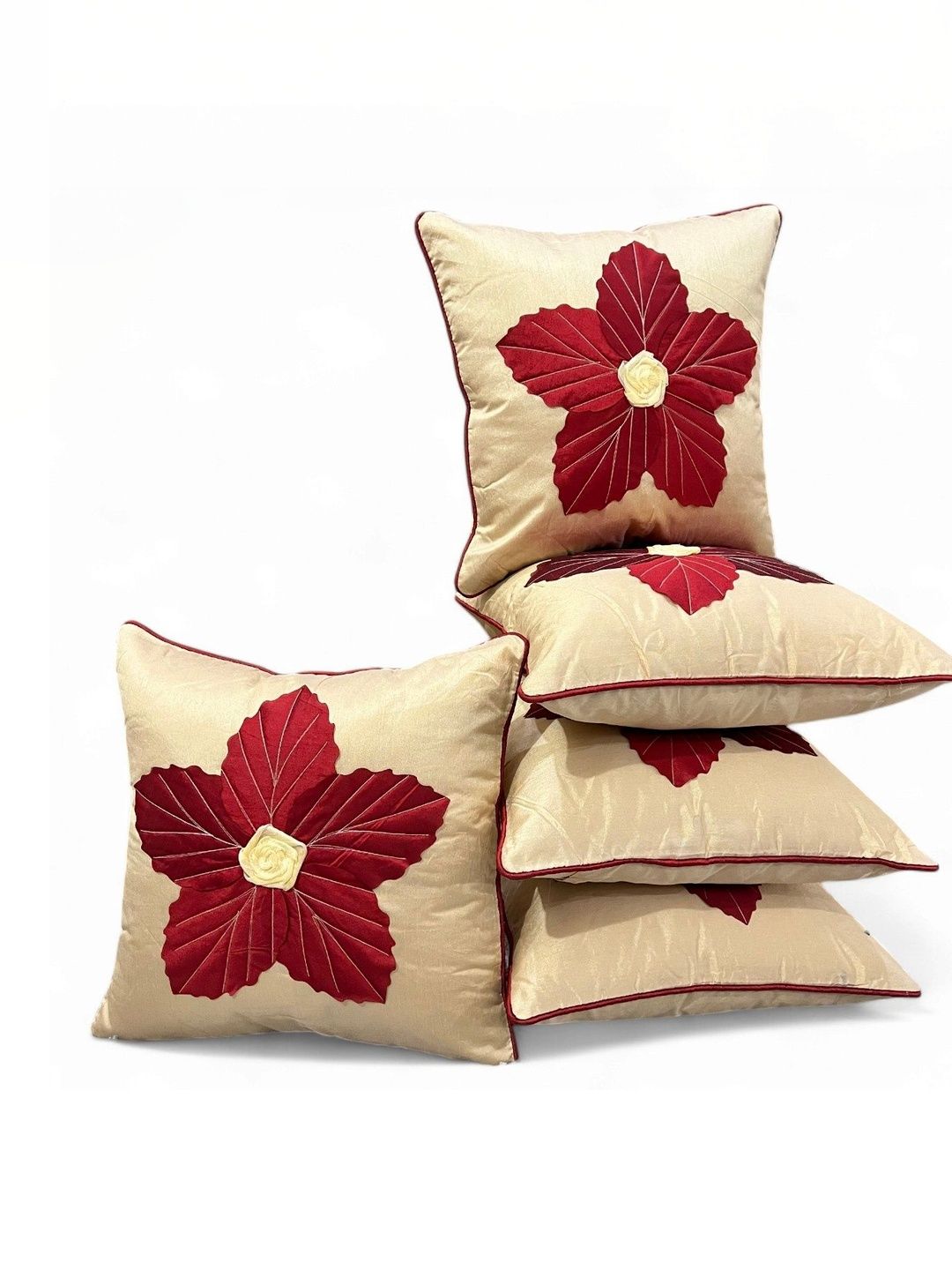 LOFEY Cream-Coloured Set of 5 Floral Square Cushion Covers-picture-23