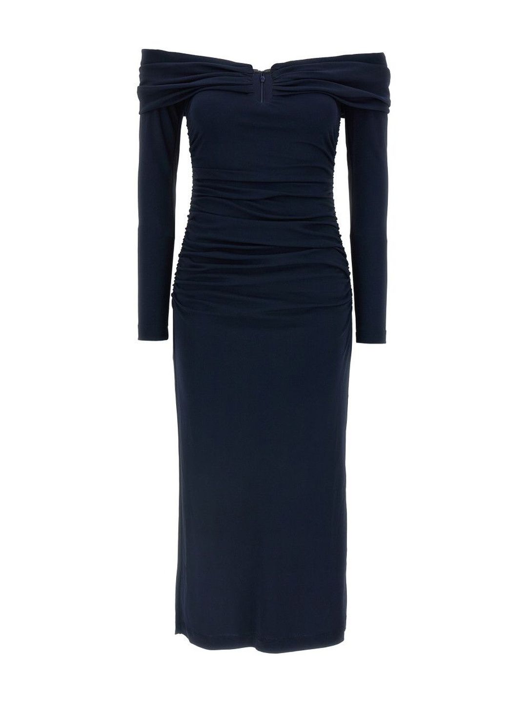 Carolina Herrera Blue Off-Shoulder 3/4 Slv Ruched Midi Dress-image-8