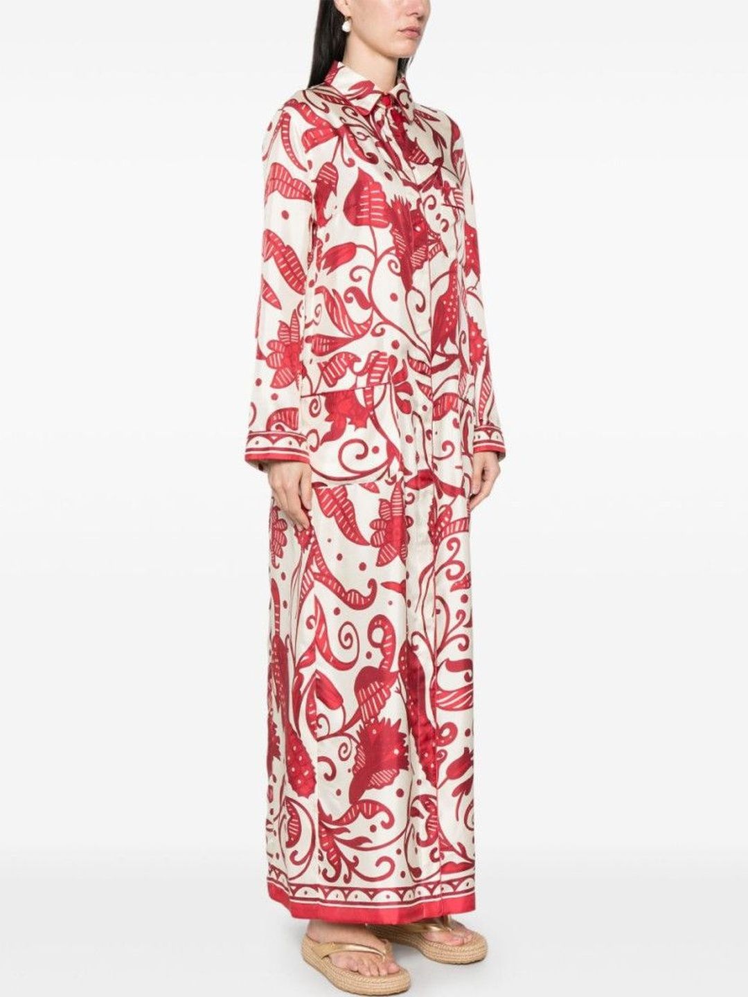 F.R.S For Restless Sleepers Red Printed Silk Long Shirtdress-picture-18