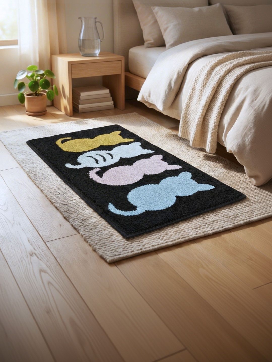 BELVOSTUM Black & Yellow Kitty-Patterned Super Absorbent Quick-Drying 2000-GSM Bath Rugs-image-8