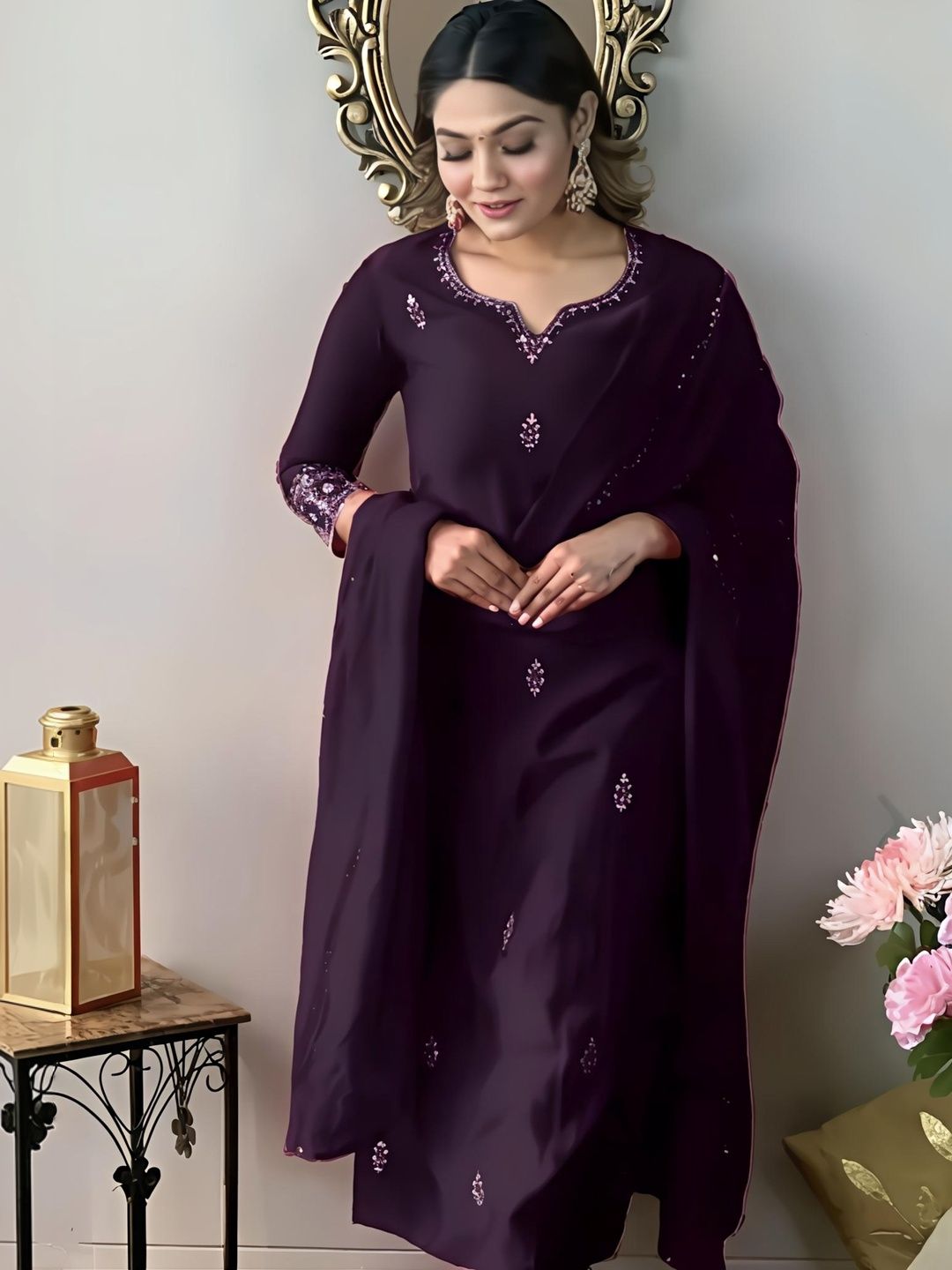 Ethnic 3 You Women Ethnic Motifs Embroidered Regular Thread Work Kurta with Trousers & With Dupatta-picture-18
