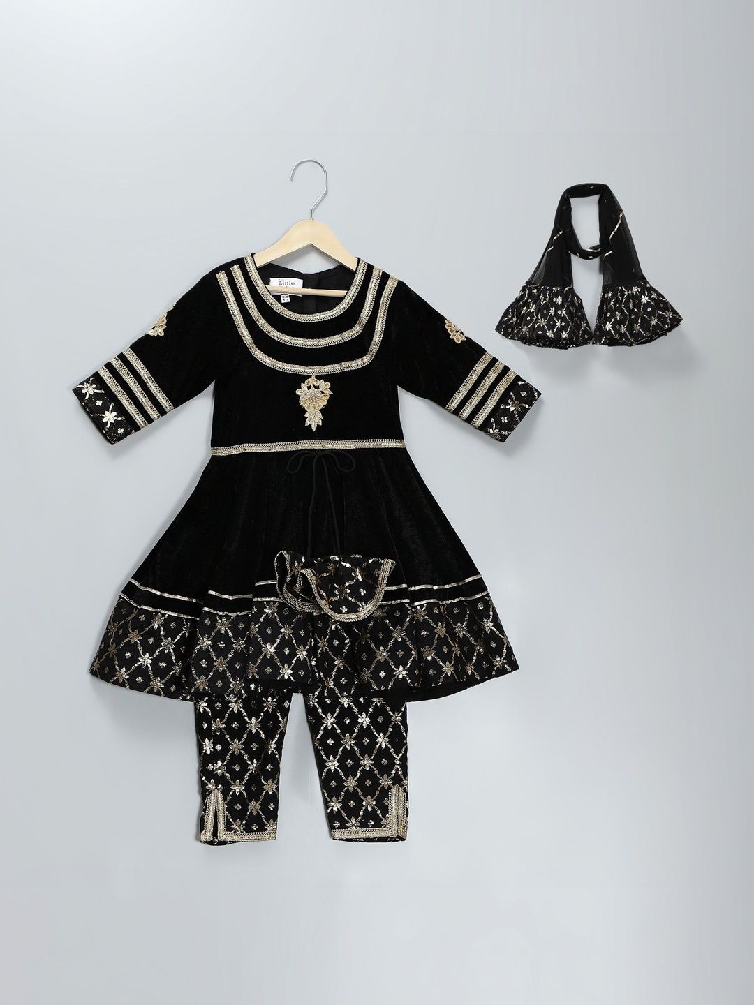 The Little Tales Girls Ethnic Motifs Embroidered Empire Sequinned Velvet Kurta with Trousers & With Dupatta-image-45