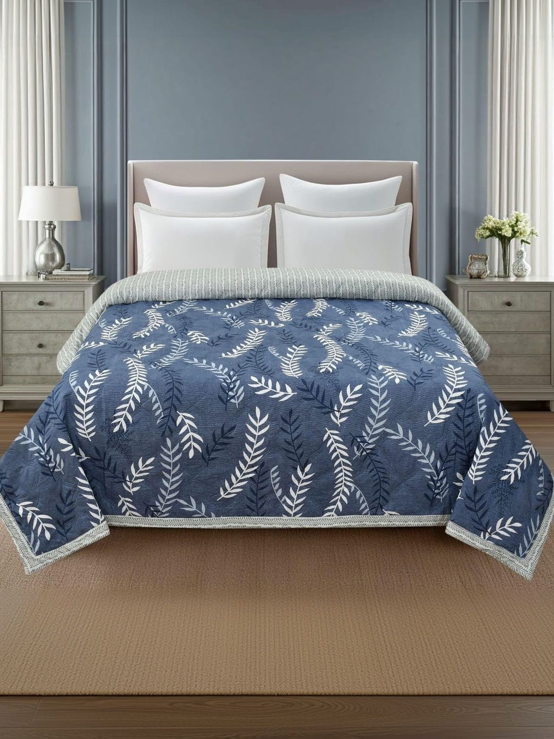 Supreme Home Collective Blue & White Floral Microfiber AC Room 300 GSM Blanket-picture-1
