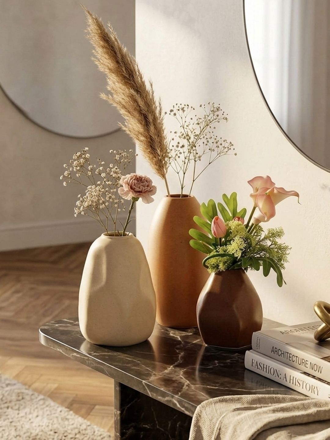 Kreative Arts 3 Pieces Stone Design Brown Ceramic Vases-image-4
