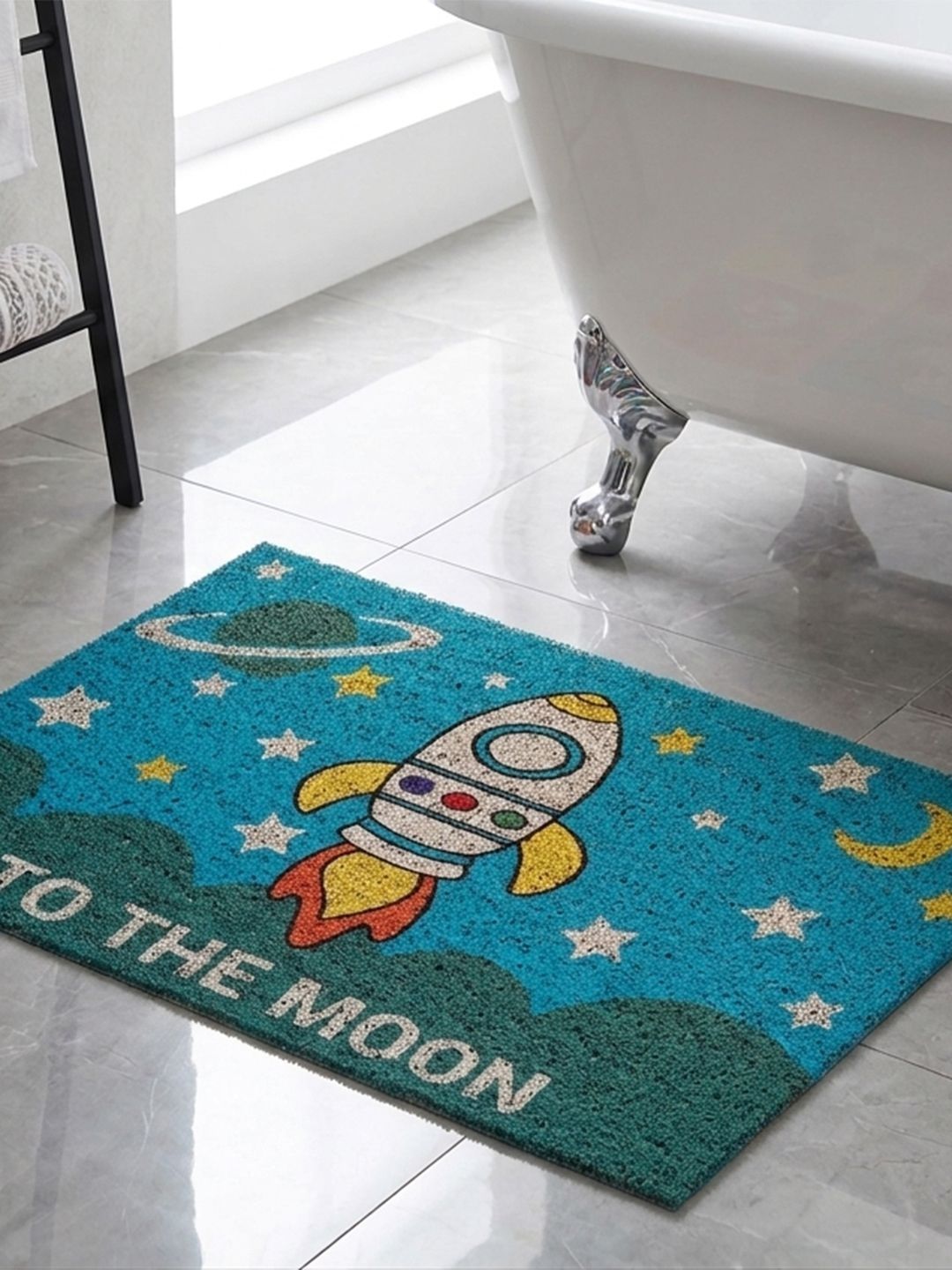 Datch Blue & White Printed Rectangular Anti-Slip 110-GSM Bath Rugs-image-30