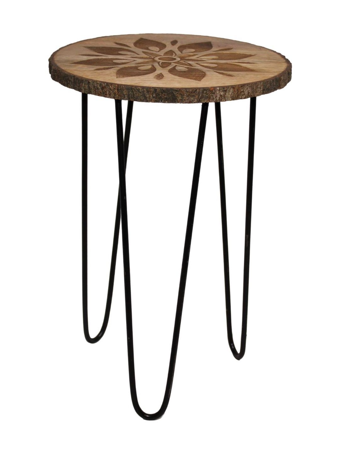 Navakrti Wooden Floral Bedside Table With Metal Legs-image-44