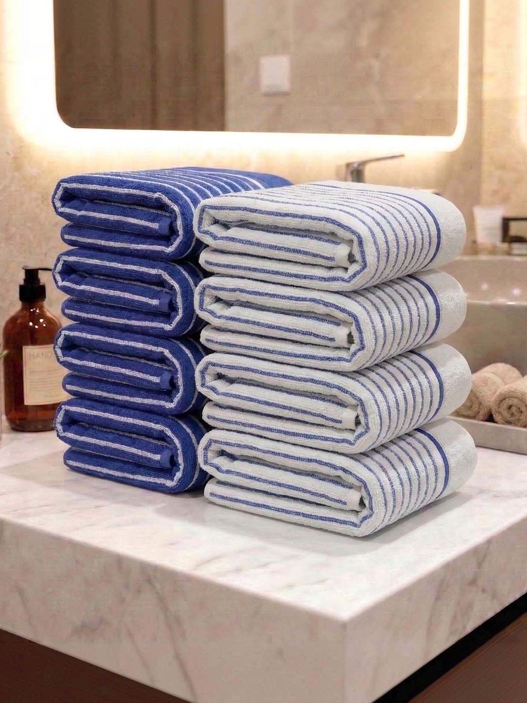 Athom Living 8Pcs Blue & White Striped Cotton 400-GSM Eco-Friendly Premium Hand Towels-picture-16
