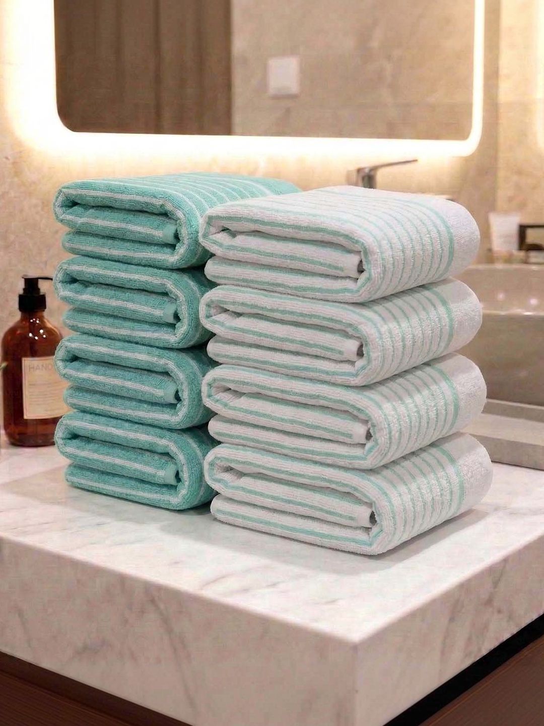 Athom Living 8Pc Sea Green & White Striped Cotton 400-GSM Eco-Friendly Premium Hand Towels-picture-20