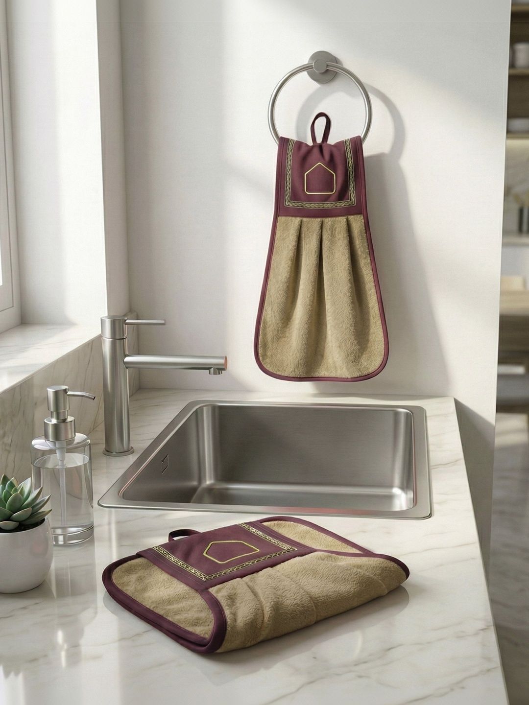 Athom Living 2Pcs Beige & Purple Pure Cotton Soft Skin-Friendly Wash Basin Kitchen Towels-image-2