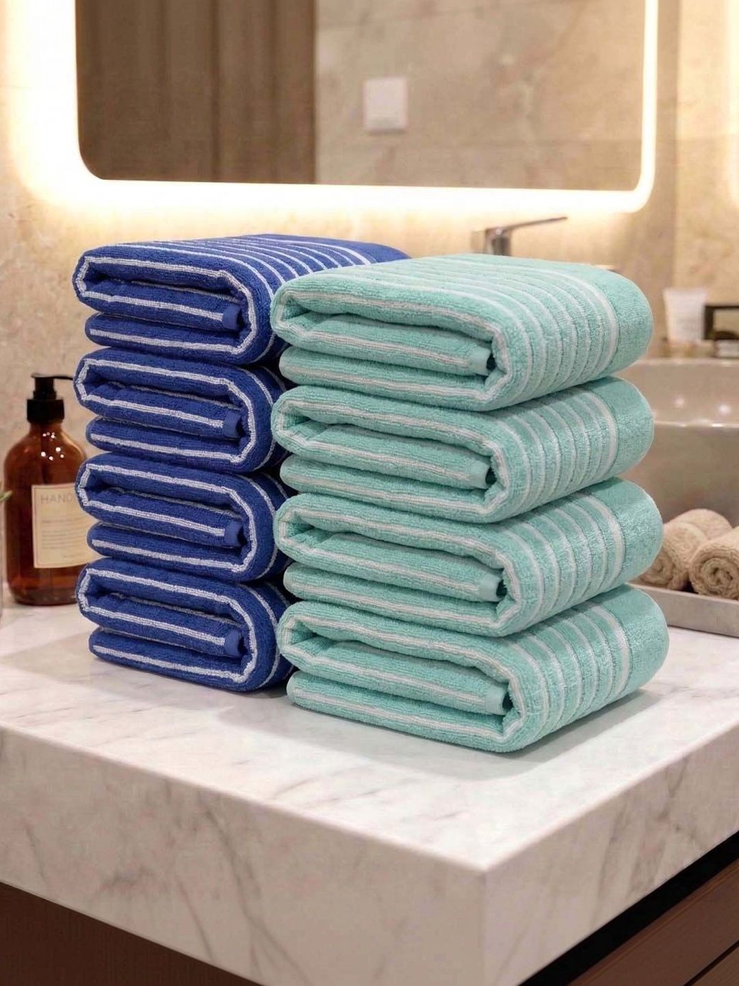 Athom Living 8Pc Blue & Sea Green Striped Cotton 400-GSM Eco-Friendly Premium Hand Towels-image-34