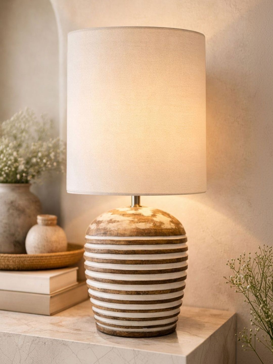Glowhere Off White Textured Wood Contemporary Cylindrical Shaped Table Lamp with Bulb-image-23