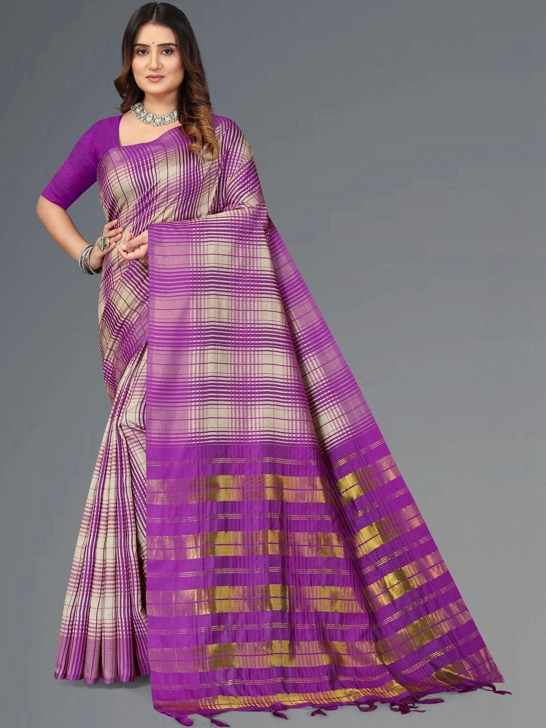 SHAIBO SAREE Checked Woven Design Silk Cotton Saree-picture-36